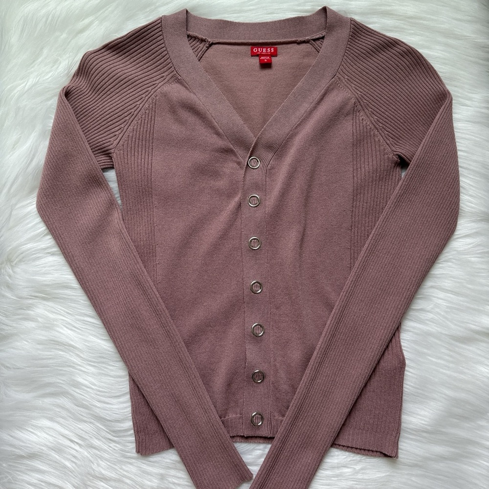Guess Women's Mauve Button-Up Sweater Cardigan